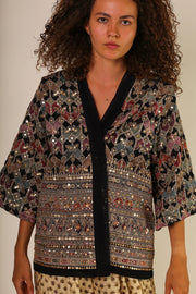 SEQUIN EMBELLISHED CHIFFON SILK SHORT KIMONO - sustainably made MOMO NEW YORK sustainable clothing, slow fashion