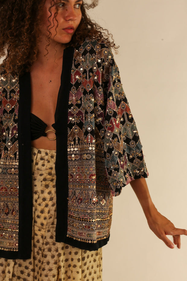 SEQUIN EMBELLISHED CHIFFON SILK SHORT KIMONO - sustainably made MOMO NEW YORK sustainable clothing, slow fashion