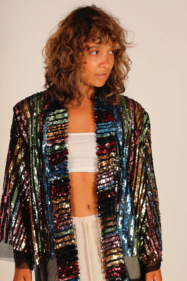 SEQUIN EMBROIDERED CHIFFON SILK SHORT KIMONO - sustainably made MOMO NEW YORK sustainable clothing, Jacket slow fashion