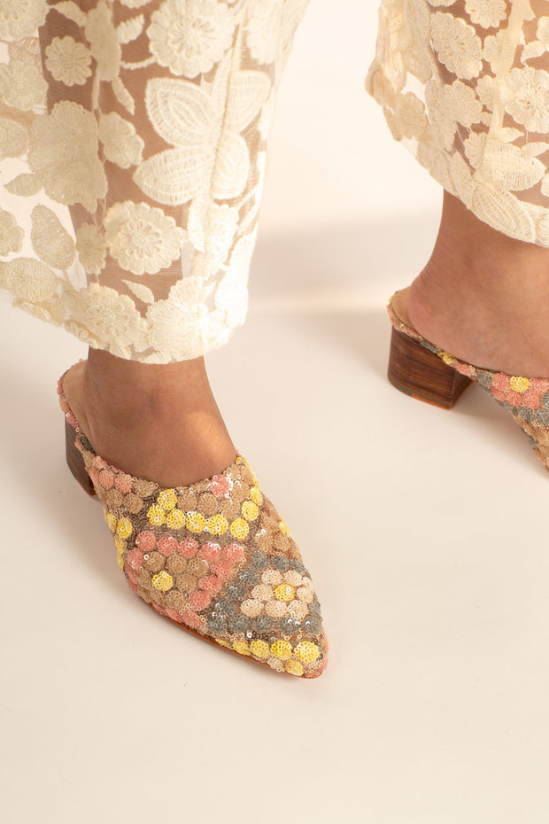 SEQUIN EMBROIDERED HEELED MULES ARITZIA - sustainably made MOMO NEW YORK sustainable clothing, mules slow fashion