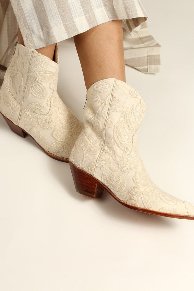 SHORT CREME LACE EMBROIDERED BOOTS NADY - sustainably made MOMO NEW YORK sustainable clothing, boots slow fashion