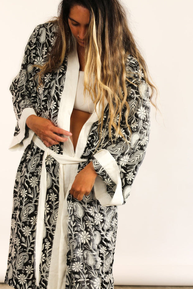 SILK COTTON EMBROIDERED PAISLEY DESIGN KIMONO ALEC - sustainably made MOMO NEW YORK sustainable clothing, Kimono slow fashion