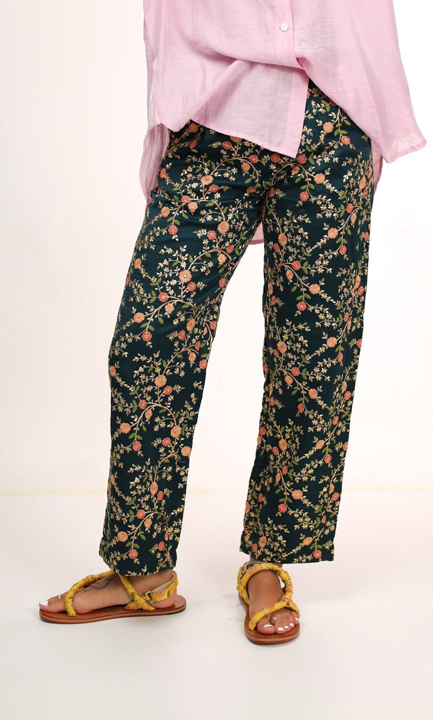 SILK EMBROIDERED PANTS ELOISE - sustainably made MOMO NEW YORK sustainable clothing, pants slow fashion