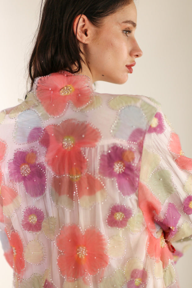 SILK FLOWER EMBELLISHED KIMONO ULISA - sustainably made MOMO NEW YORK sustainable clothing, Kimono slow fashion