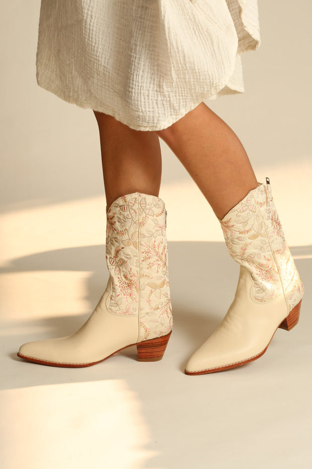 SILK WESTERN EMBROIDERED BOOTS RHEA - sustainably made MOMO NEW YORK sustainable clothing, boots slow fashion