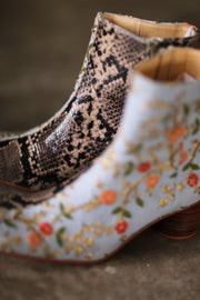 SPLIT SNAKE SKIN LEATHER EMBROIDERED SILK BOOTS - sustainably made MOMO NEW YORK sustainable clothing, boots slow fashion