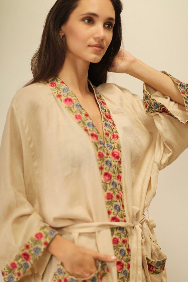 THE REDBLUE PREMIUM LINEN EMBROIDERED SILK TRIM KIMONO - sustainably made MOMO NEW YORK sustainable clothing, kimono slow fashion