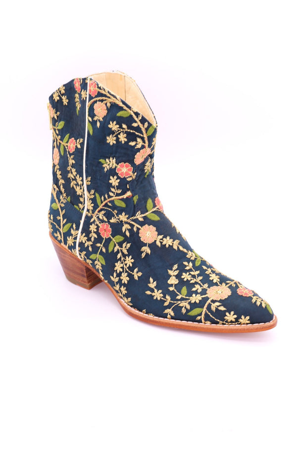 TURQUOISE EMBROIDERED SILK BOOTS ELOISE - sustainably made MOMO NEW YORK sustainable clothing, boots slow fashion