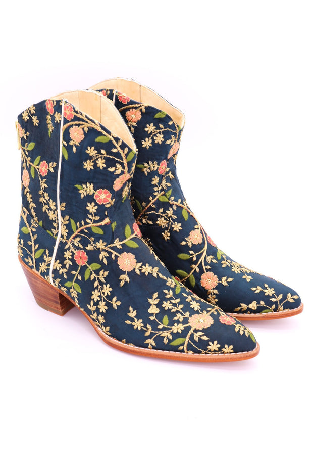 TURQUOISE EMBROIDERED SILK BOOTS ELOISE - sustainably made MOMO NEW YORK sustainable clothing, boots slow fashion