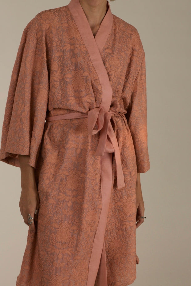 TUSSER SILK PEACH EMBROIDERED KIMONO ZOLA - sustainably made MOMO NEW YORK sustainable clothing, slow fashion