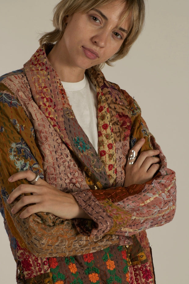 VICTORIA THALIA EMBROIDERE PATCHWORK KIMONO JACKET - sustainably made MOMO NEW YORK sustainable clothing, Jacket slow fashion