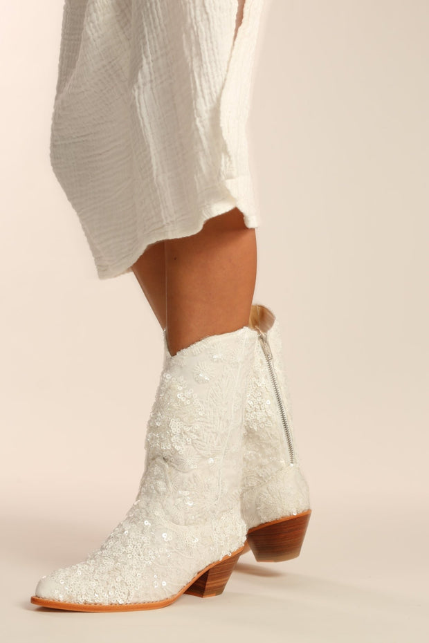 WHITE EMBROIDERED SEQUIN WEDDING BOOTS ODE - sustainably made MOMO NEW YORK sustainable clothing, boots slow fashion