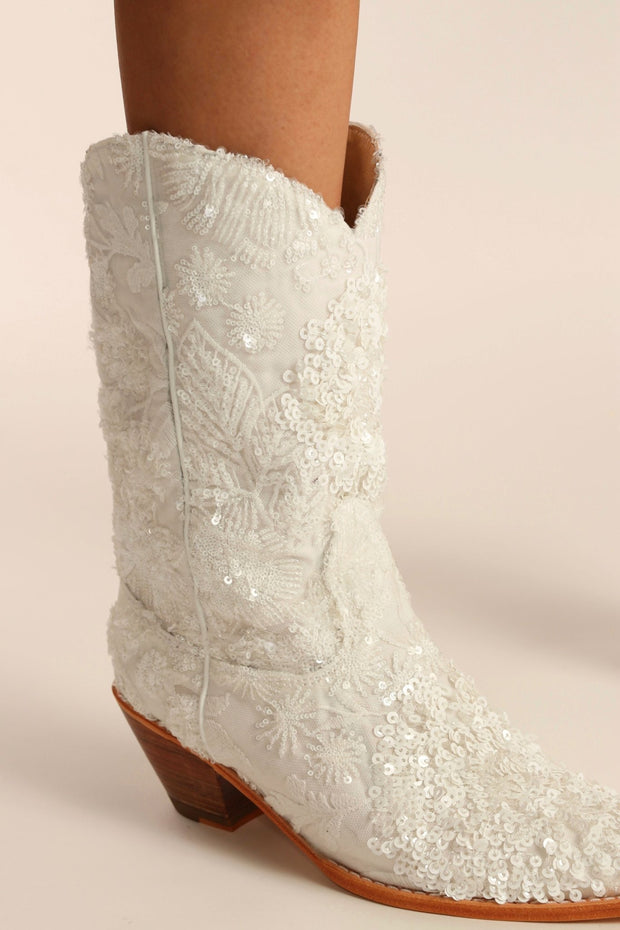 WHITE EMBROIDERED SEQUIN WEDDING BOOTS ODE - sustainably made MOMO NEW YORK sustainable clothing, boots slow fashion