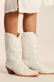 WHITE EMBROIDERED SEQUIN WEDDING BOOTS ODE - sustainably made MOMO NEW YORK sustainable clothing, boots slow fashion