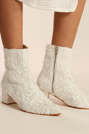 WHITE SEQUIN EMBROIDERED WEDDING BOOTS ODECIA - sustainably made MOMO NEW YORK sustainable clothing, boots slow fashion